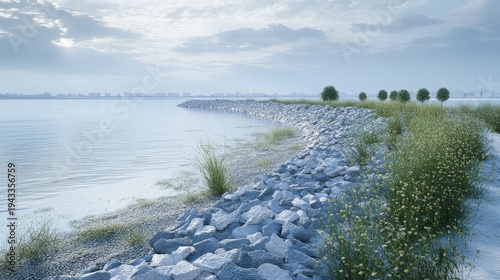 Coastal erosion defense project featuring large rock revetment along a tranquil shoreline with a distant city skyline.