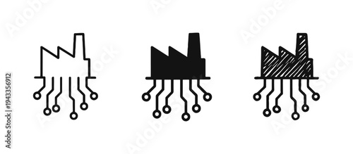 Smart Factory and Industrial Digitalization Icons: Factory with Circuit Board Lines in Outline, Solid, and Hand-Drawn Styles