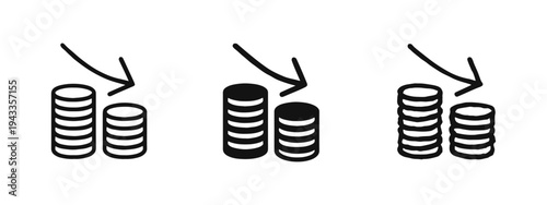 Decreasing Money Stacks Icon Set - Financial Loss and Downward Trend
