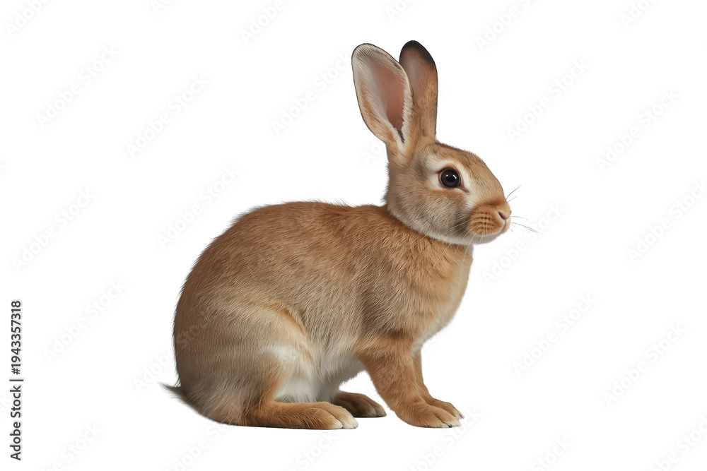 Fototapeta premium Cute brown rabbit sitting, looking right with alert ears, isolated against transparent background