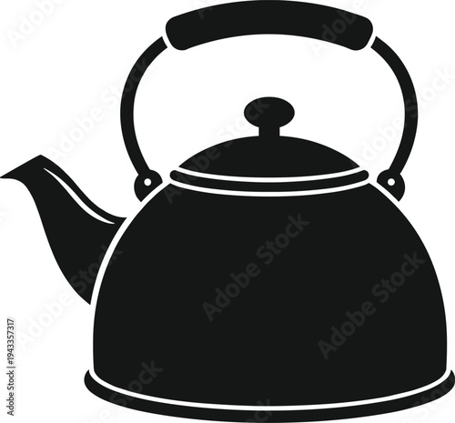 Minimal vector silhouette, tea kettle with handle and spout, solid black, isolated on white background.