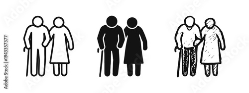 Elderly Couple Icons with Cane. Senior Man and Woman Together in Outline, Solid, and Hand-Drawn Styles.