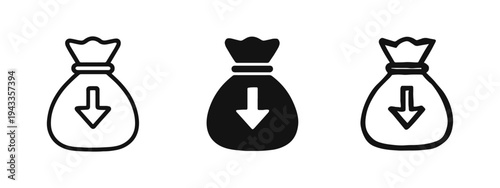 Money Bag with Down Arrow Icon Set. Financial Loss and Decrease Symbol in Outline, Solid, and Doodle Styles.