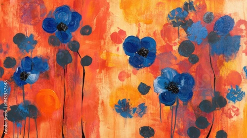 Vibrant abstract floral painting with blue flowers on warm orange background