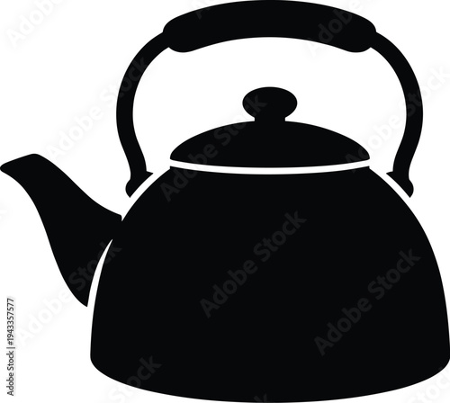 Minimal vector silhouette, tea kettle with handle and spout, solid black, isolated on white background.