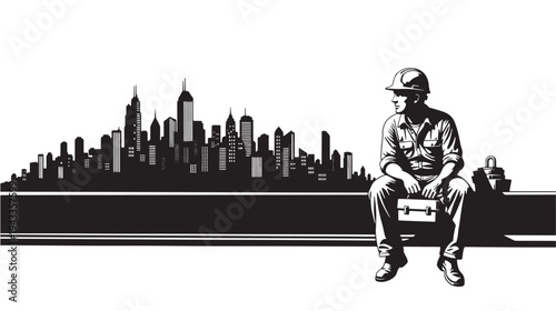 Construction Worker Sitting City Skyline Background For Labor Concepts on transparent background