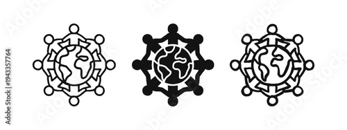 Global Unity and Teamwork Icon Set. People Holding Hands Around Earth Symbol in Outline, Solid, and Hand-Drawn Styles.