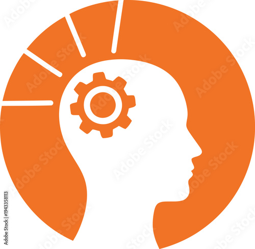 White human head profile silhouette with gear cog and radiating rays on orange circle background representing industrial mind and AI circuit silhouette technology concept AI Generative
