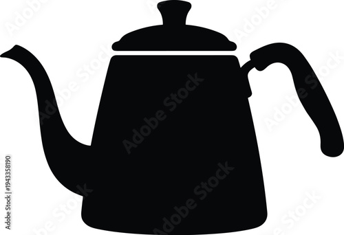 Minimal vector silhouette, tea kettle with handle and spout, solid black, isolated on white background.