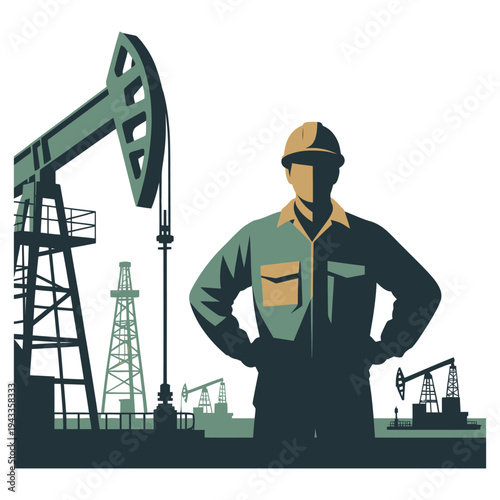 Vector of a confident oil rig worker silhouette with pumpjacks and derricks in the background 