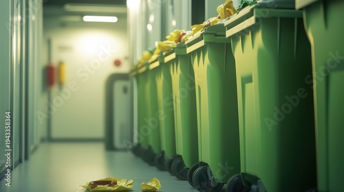 Green waste bins lined up in a brightly lit office hallway, showcasing corporate sustainability solutions