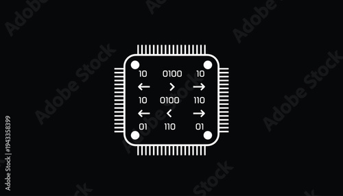 Minimalist white outline AI circuit silhouette of a square microchip processor with binary code numbers and logical data flow arrows for computer science and technology hardware design AI Generative
