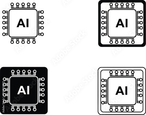 Set of four minimalist black and white AI circuit silhouette icons featuring square microchip CPU processors with central AI text for artificial intelligence technology design AI Generative
