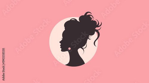 Silhouette of a womans profile with hair updo on pink background