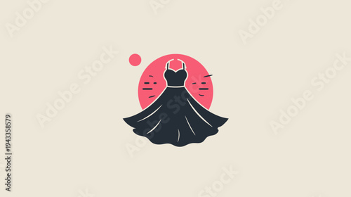 Elegant black dress silhouette against a sunset inspired background