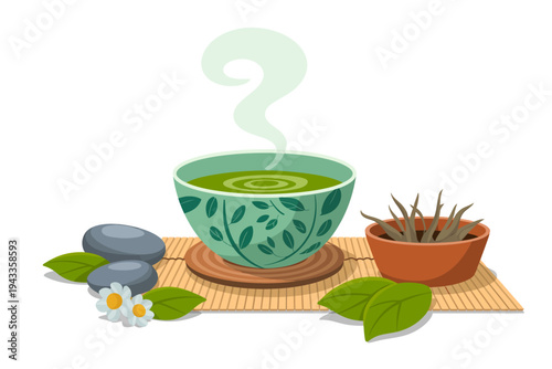 A serene still life of a green tea cup on a wooden mat with plants