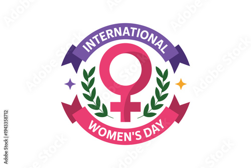 International Womens Day logo with female symbol and laurel leaves on white background