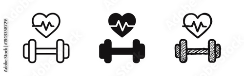 Fitness and Healthy Lifestyle Icons. Dumbbell with Heartbeat Symbol Vector Set