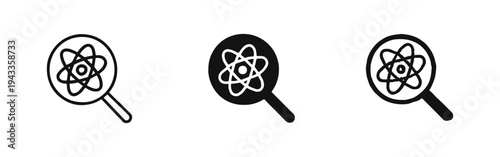 Science Research and Discovery Icons. Magnifying Glass with Atom Symbol Illustrations