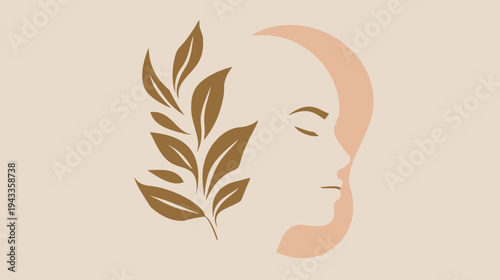 Abstract illustration of a womans profile with botanical elements