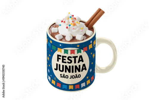 Festive Brazilian hot chocolate in colorful mug with whipped cream and sprinkles