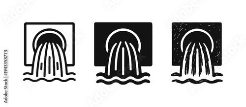 Water Discharge and Drainage System Icons. Wastewater Flow and Environmental Vector Illustrations
