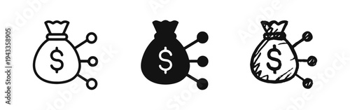 Money distribution and diversified investment icon set. Financial network and asset allocation symbols.