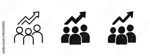 Audience growth and team progress icon set. People with upward trending arrow symbol. Business success concept.