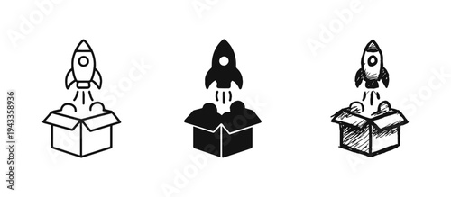 Startup and product launch icon set. Rocket taking off from a box. Innovation and new business concept.