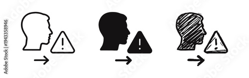 Mental health warning icon set. Head profile with exclamation mark symbol. Stress and psychological issue concept.