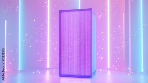 Futuristic server equipment with vibrant digital grid and modern neon aesthetics in a glowing environment