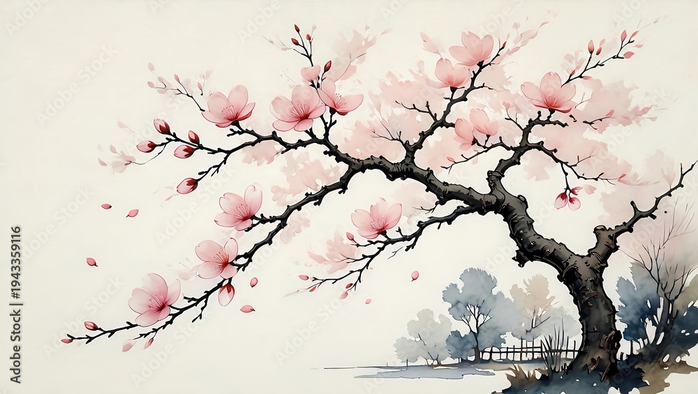 Obraz premium Elegant Cherry Blossom Tree in Bloom Watercolor