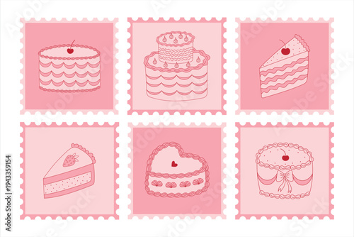 Postage stamps with hand-drawn cakes. A collection of vector postage stamps featuring sweet desserts in a flirty style.