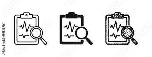 Medical Examination and Health Analysis Icons Set, Healthcare Clipboard with Heartbeat and Magnifying Glass Symbols, Diagnostic Icon Collection