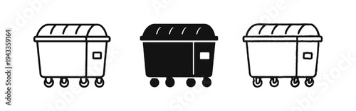 Waste Container Dumpster Icons Set, Garbage Bin and Recycling Symbols, Urban Waste Management Outline and Hand-Drawn Icon Collection