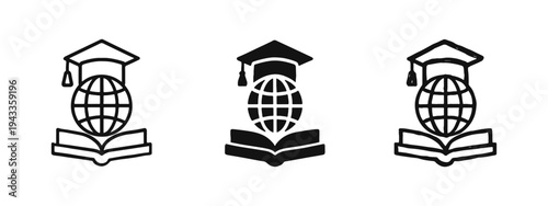 Global Education and Knowledge Icon Set: Graduation Cap, Globe, and Book Symbols.