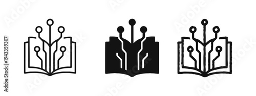 Digital Knowledge and E-Learning Icon Set: Book with Circuit Board for Technology Education.