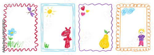 Kindergarten crayon box and birthday frame border with pastel kid pencil. Text drawn drawing and shape heart cute with child childish day. Gift kindergarten background and doodle birthday chalk.