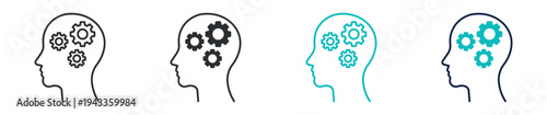 Human head gears icon set, brain thinking process mechanism intelligence symbol, outline and solid and color style. Vector illustration.