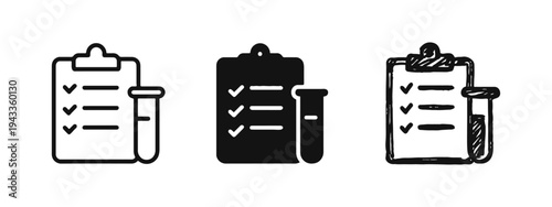 Medical test results icon set with a clipboard checklist and test tube, representing healthcare, diagnosis, and lab analysis.