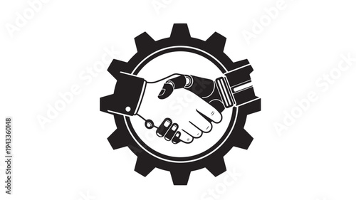 Robot Hand Shaking Human Hand In Gear For Technology Partnership Concepts on transparent background