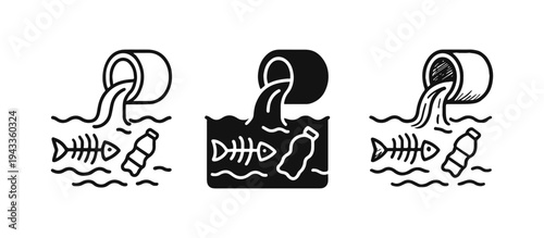 Water pollution icon set depicting a pipe discharging waste into water with fish bones and a plastic bottle, symbolizing environmental damage.