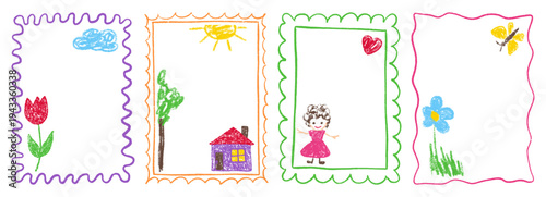 Crayon box border with kindergarten frame pastel for kid pencil text. Drawn drawing shape with heart birthday cute for child childish day. Gift kids crayon with doodle kindergarten chalk.