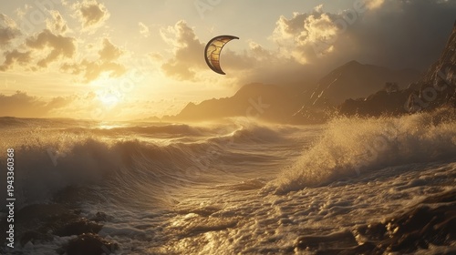 Kite Surfing Adventure on Ocean Waves at Golden Hour with Coastal Mountains
