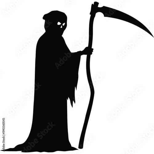 Grim Reaper Silhouette with Scythe, Ominous Death Symbol for Halloween, Horror Themes, and Spooky Decorations