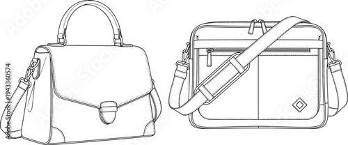 Handbag and messenger bag technical flat sketch, satchel and laptop bag vector illustration, accessory design template, fashion CAD drawing illustration.