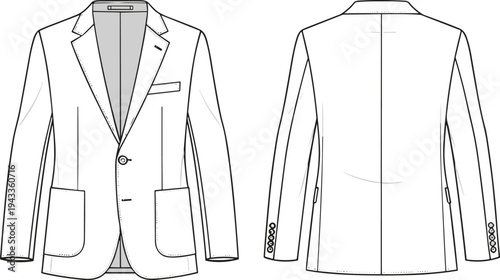 Men's blazer jacket technical flat sketch, formal suit jacket vector illustration, front back view apparel design template, fashion CAD drawing.