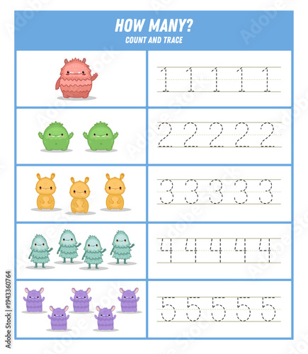 How Many monsters. Count and trace the numbers Halloween worksheet. Activity page with cute monster. Math for preschool kids. Handwriting practice. Vector illustration