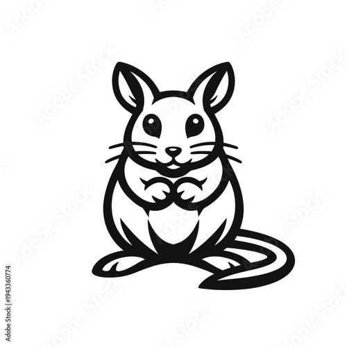 Charming minimalist black and white chinchilla or rabbit logo. Adorable cartoon rodent illustration with expressive eyes and cute paws. Ideal vector art for pet brands, kids' products, animal rescue,