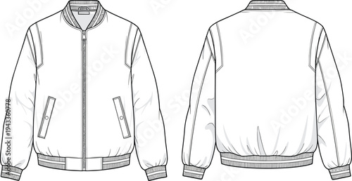 Men's bomber jacket technical flat sketch, varsity jacket vector illustration, front back view apparel design template, fashion CAD drawing illustration.